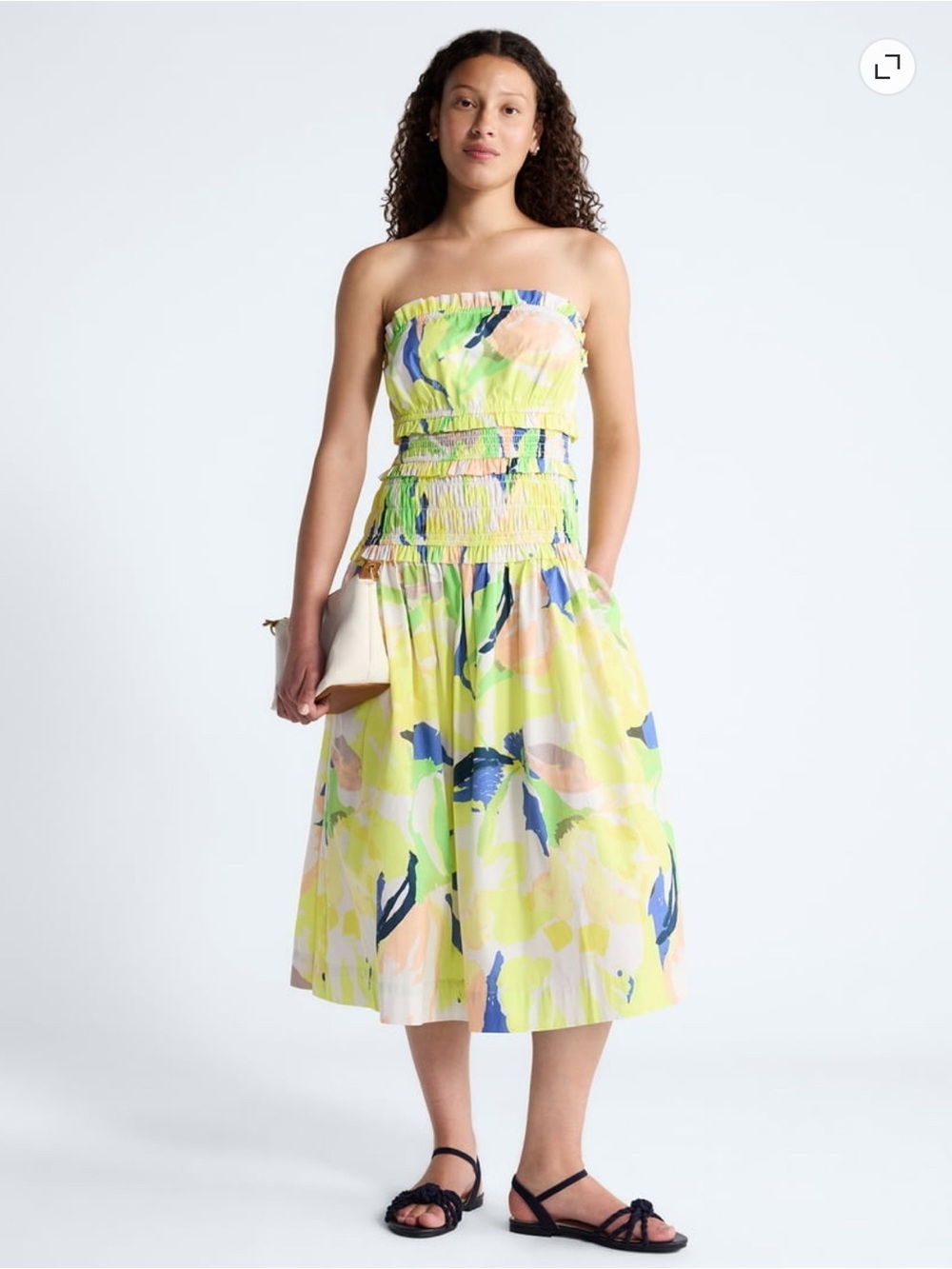 Free Assembly Yellow Floral Strapless Poplin Tiered Midi Dress Coastal Cottage S
